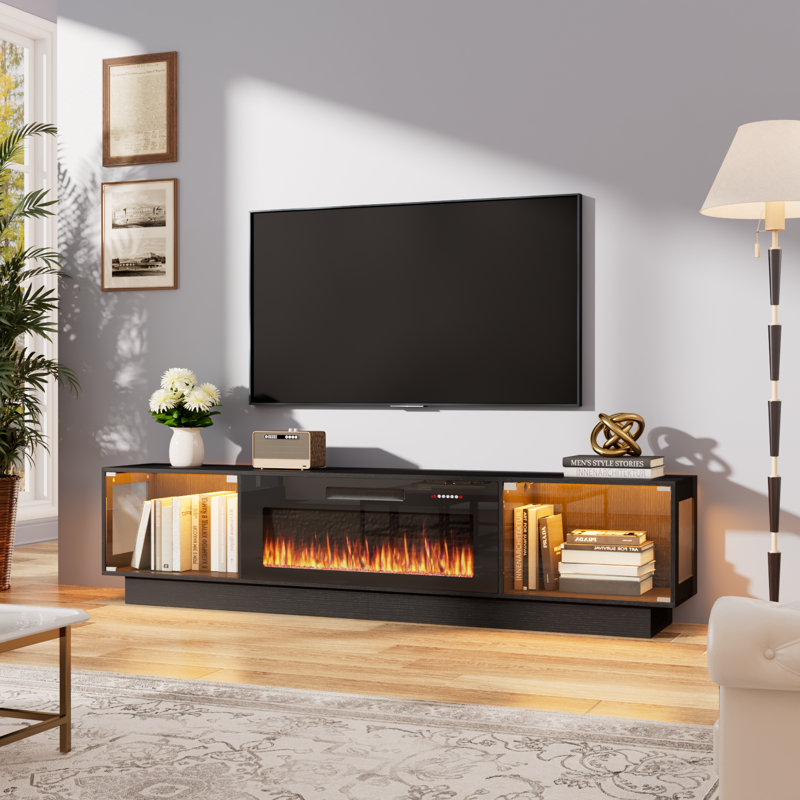 80" Tv Stand With 36" Inch Electric Fireplace Up To 90" Tvs, Led Light Entertainment Center With Two Large-capacity Glass Cabinets