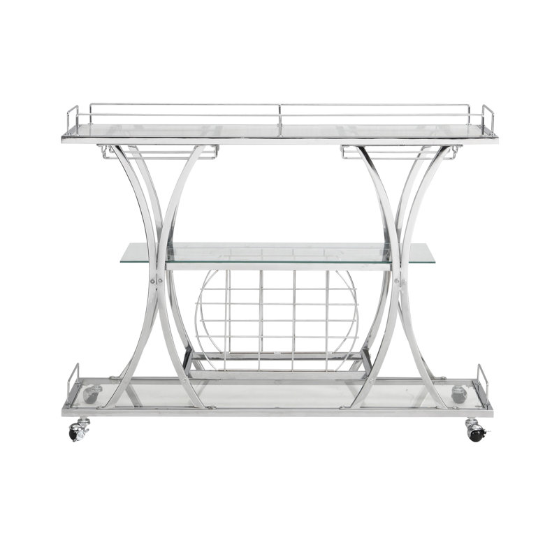 Chariot-bar contemporain en chrome avec support à vin