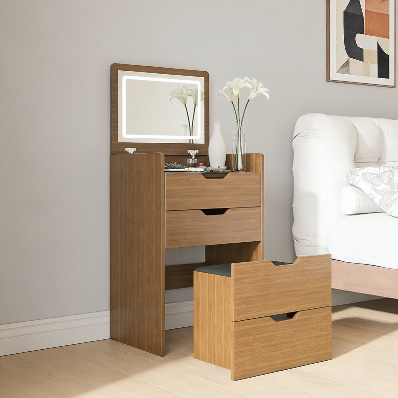 Bureau de coiffeuse 3 en 1 avec miroir éclairé et tabouret, coiffeuse à plateau rabattable, rangement compact pour la chambre à coucher, la salle de bain et le vestiaire (L 18,9 po, noyer)
