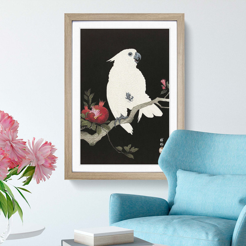 Cockatoo and Pomegranate by Ohara Koson - Picture Frame Painting Print, 36cm H x 27cm W x 2cm D, Oak Framed