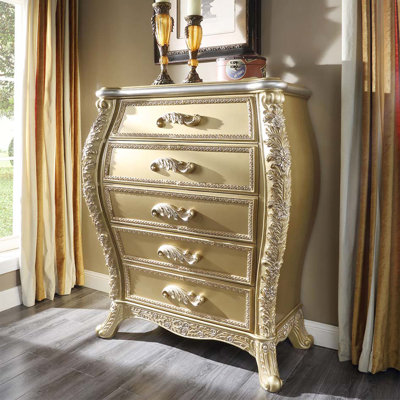 55"Gilded Carved 5‑Drawer Dresser, Luxurious Vintage Storage Chest