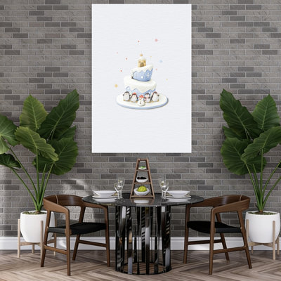 Snowy Penguin Party Whimsical Abstract Contemporary Penguin Winter Architecture Wall Art Print 1 Piece Wrapped Canvas Wall Art