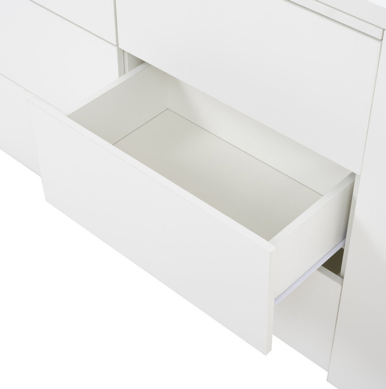 Six tiroirs, bureau amovible, trois compartiments de rangement, table multifonctionnelle blanche à six pompes