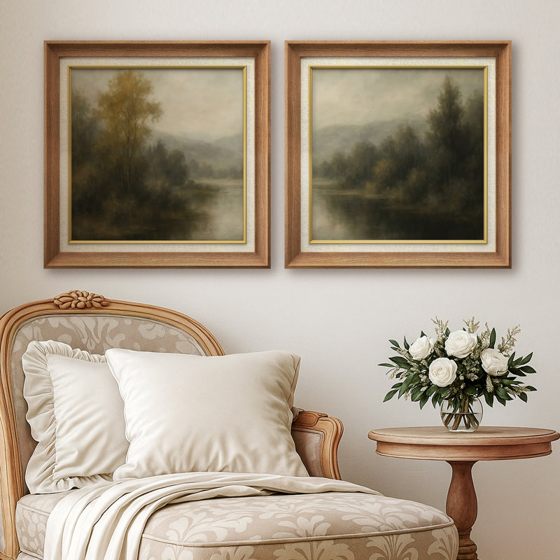 "Moody Riverside Forest Nature Landscape", ensemble de 2 reproductions d'art encadrées, H 26 po x l 26 po