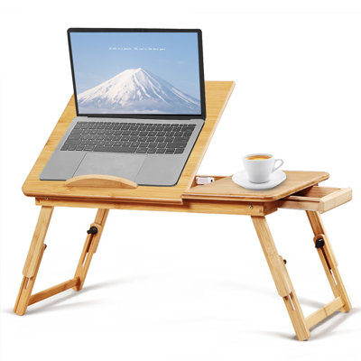 Adjustable Bamboo Bed Tray Laptop Desk with Folding Legs, Tilt Angles & Built-in Drawer, Portable Breakfast/Work Table