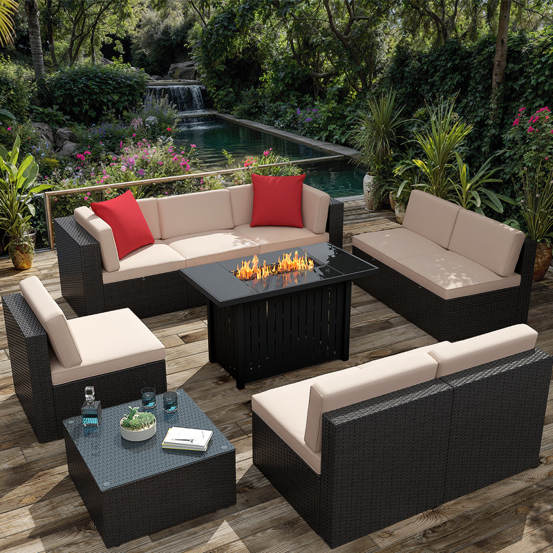 10 Pieces Rattan Patio Furniture Conversation Set with 43" Gas Propane 50000 BTU Fire Pit Table Outdoor Sectional Sofa for Backyard