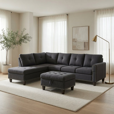 Canapé modulaire en L 3 pièces en L gris et gris avec repose-pieds et porte-gobelets (méridienne gauche)