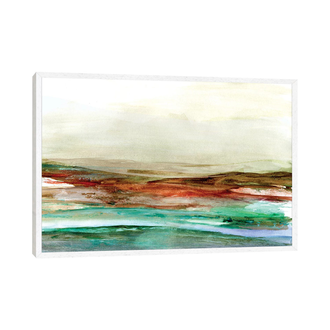 Teal Red Landscape Watercolor von Jae Landow - Galerie-verpackte Leinwand Giclée auf Leinwand