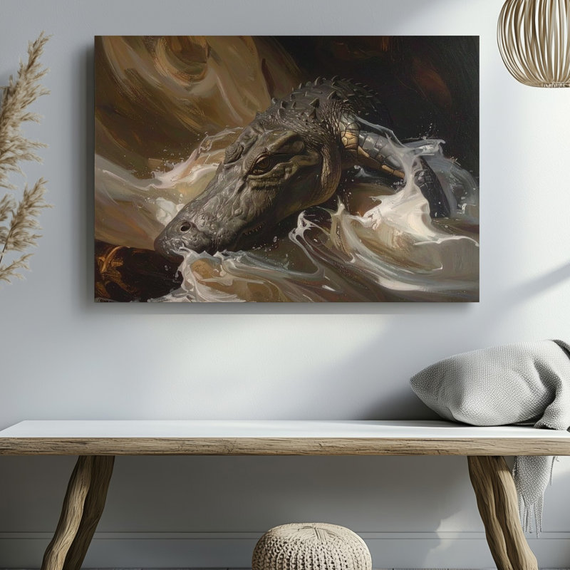 Toile, crocodile dramatique dans les eaux turbulentes, H 9 po x l 12 po