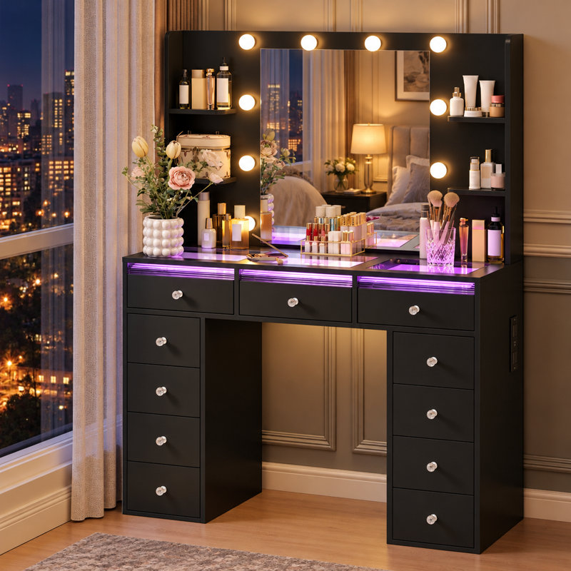 Bureau de coiffeuse avec miroir lumineux, tiroirs éclairés RVB, plateau en verre, 11 tiroirs, 4 tablettes et prise de courant - Table de coiffeuse pour chambre à coucher