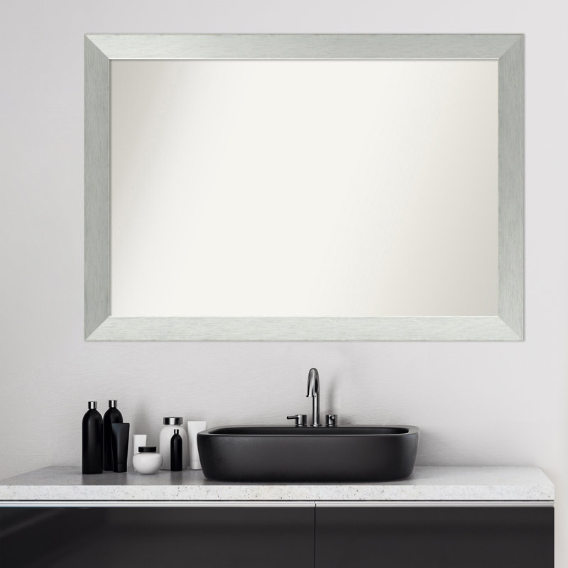Brushed Sterling Silver Wood Bathroom Vanity Non-Beveled Wall Mirror, 28" x 40"