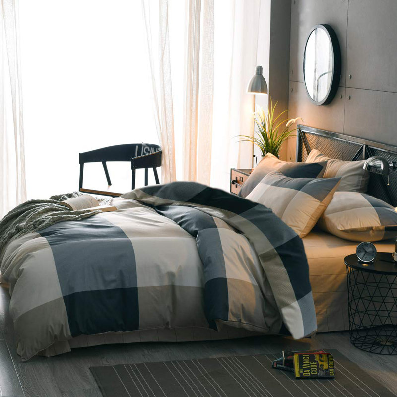 Modern Gray and Beige Cotton Plaid Queen Duvet Cover Set