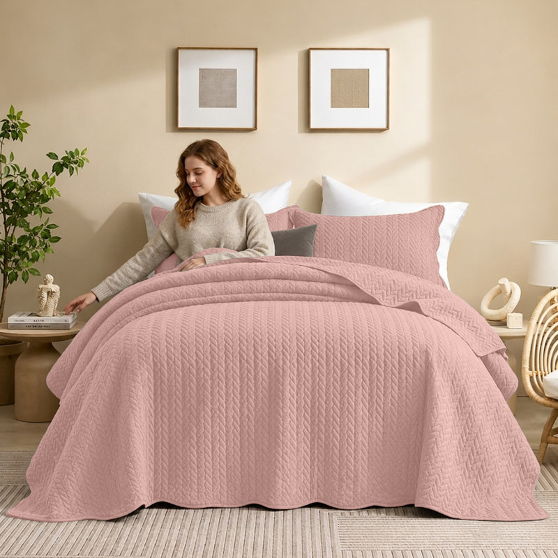 Microfiber Embossed Oversized Modern & Contemporary Bedspread Set With Shams, King Bedspread + 2 Pillowcases, Peach