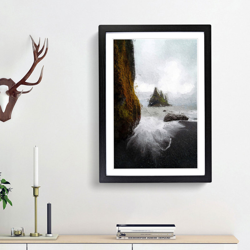 Ocean View from Black Sand Beach Iceland - Picture Frame Painting Print, 36cm H x 27cm W x 2cm D, Black Framed