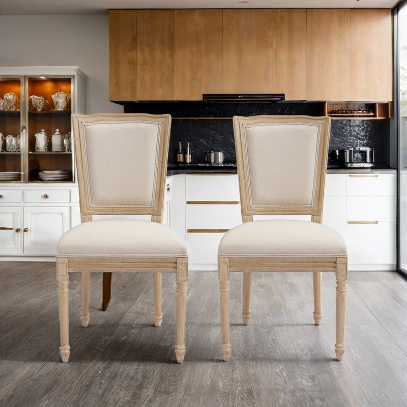 Chaise de salle à manger style français à structure carrée en bois massif avec dossier en lin, ensemble de 2