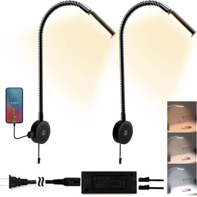  2-Pack Plug-In LED Wall Reading Lights with Touch Dimming, USB & Type-C，Black