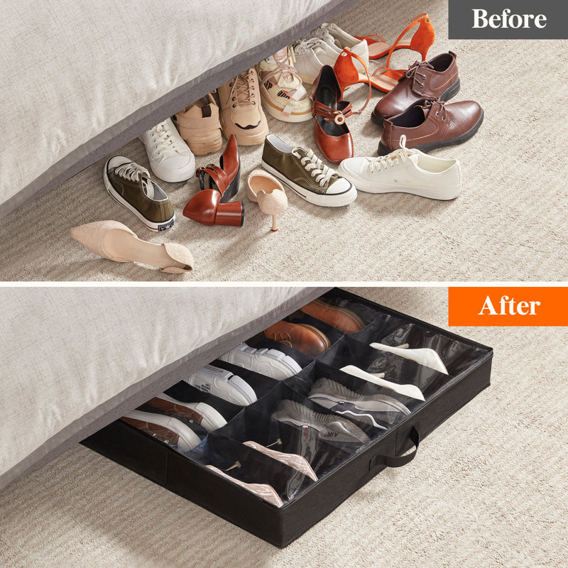 Under Bed Shoe Storage Organizer Set Of 2, Foldable Fabric Shoes Container Box With Clear Cover See Through Window Storage Bag With 2 Handles Total Fits 24 Pairs Of Shoes, Black