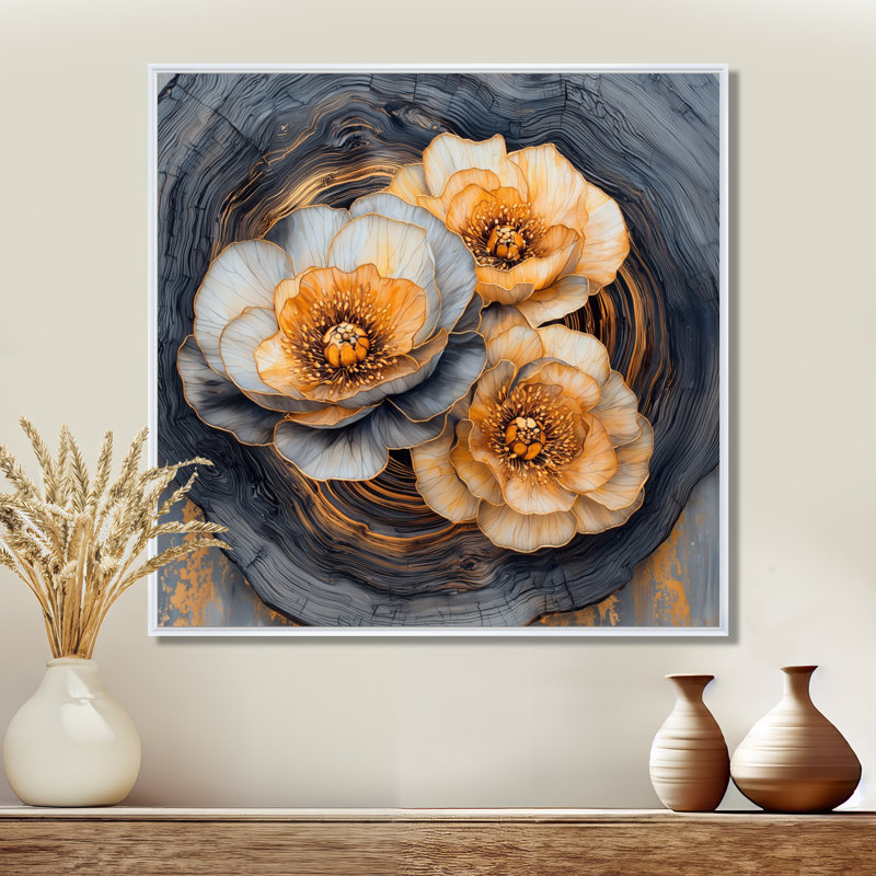 Fleurs d'automne lustrées sur Onyx Crystal River I - mamans, art mural, H 30 po x l 30 po, Impression encadrée flottante