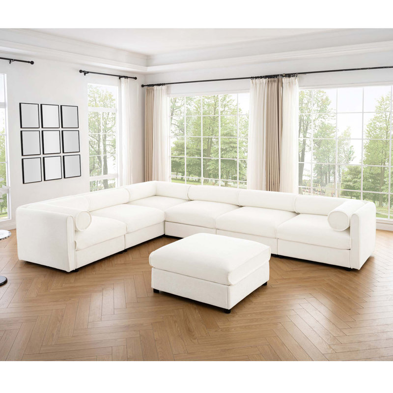 Canapé moderne modulaire 7 pièces avec accoudoirs de rangement 6 sièges et 1 repose-pieds de rangement, Chenille blanche