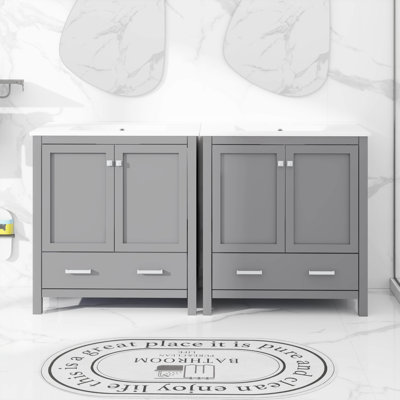 60" Bathroom Vanity Set,With Double Vanities, Double Ceramic Sinks,Storage Shelf, And Divided Drawers