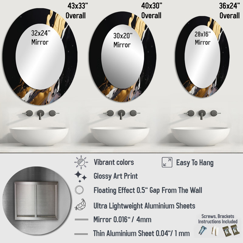 Gold And Black Marble Medley II - Gold Modern Oval Wall Mirror, 43" x 33"