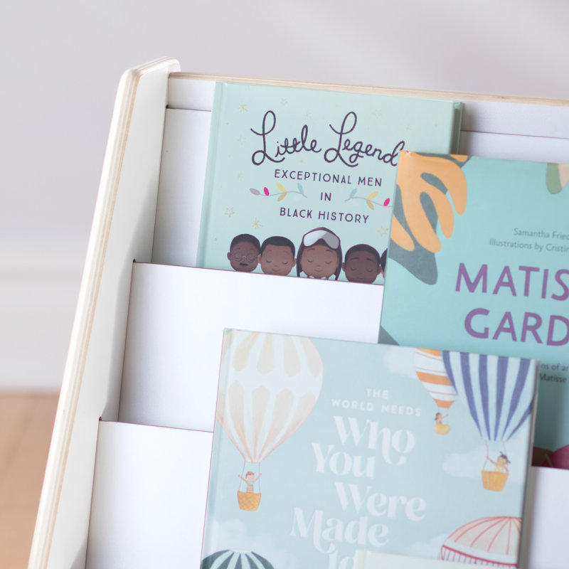 White Wooden Kids Book and Bin Display with Storage Bins