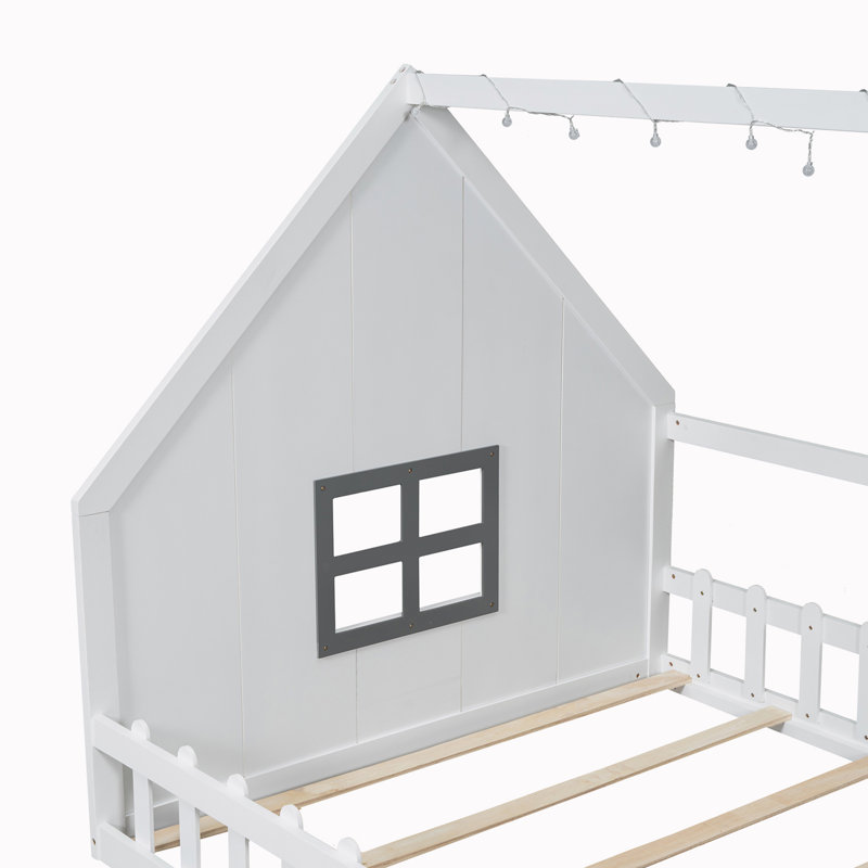 Full Size Wood House Bed with Window and Fence, White