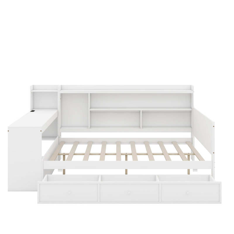 Lit de jour double avec tiroirs, USB et bureau, Blanc