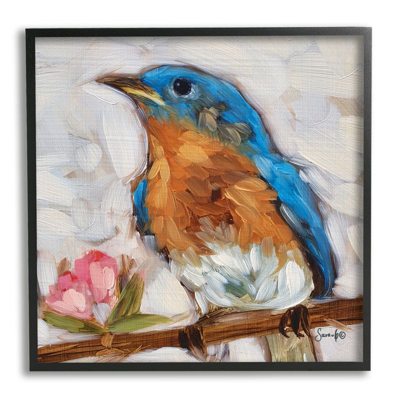Oiseau bleu en fleurs - peinture, Giclée encadrée noir minuit, H 12 po x l 12 po x P 1,5 po