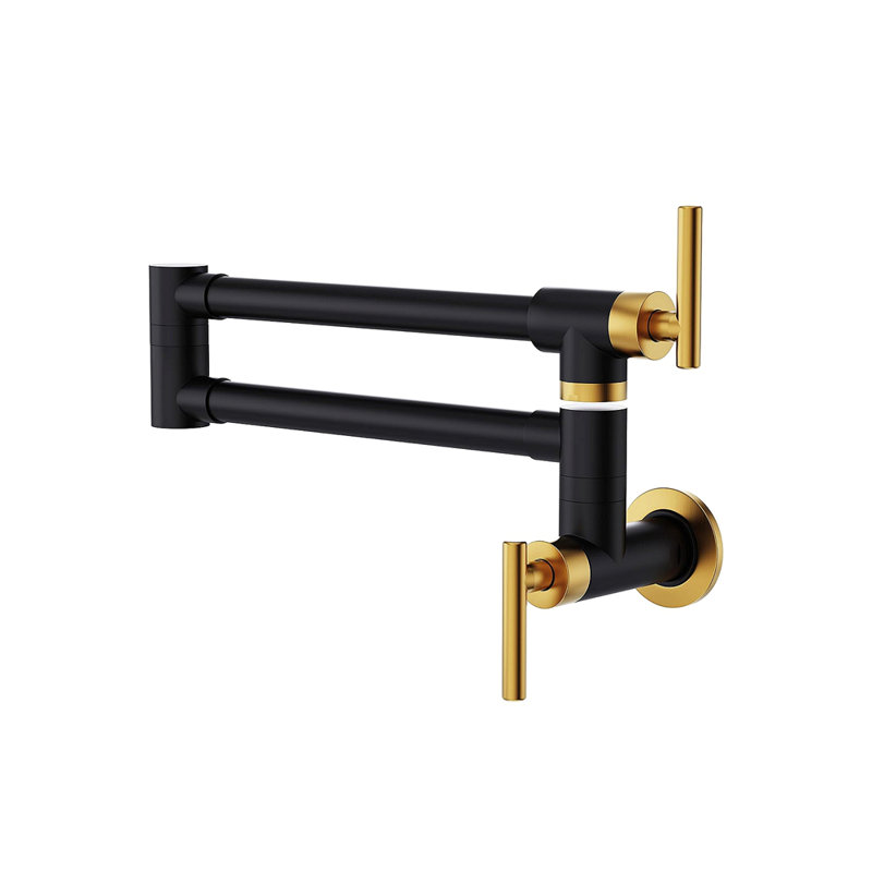 Brass Made Pot Filler, Black & Gold Pot Filler Faucet, Wall Mount Folding Kitchen Sink Pot Filler Faucets, Retractable Single Hole Pot Filler With Two Handles For Sink Stove