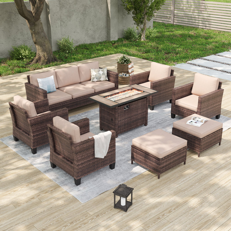 8-Pieces Patio Sofa Sets with 45'' Fire Pit Table, PE Rattan Wicker for Patio , Deck and Yard, Brown, Sand