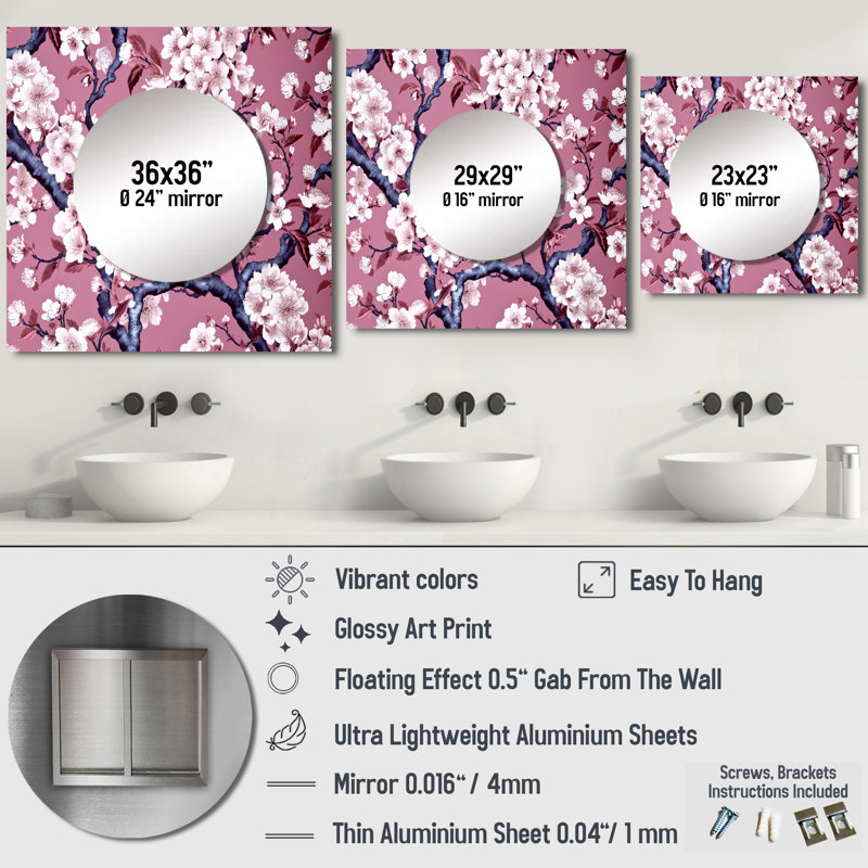 Cherry Blossum Flower Whispers I - miroir carré floral pour décoration murale, 29 po x 29 po