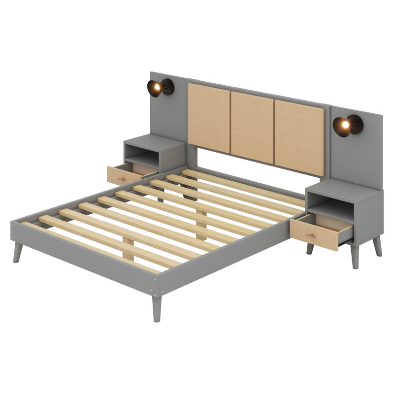 Structure de lit en bois avec 2 tables de chevet et design élégant avec lampes, Gris
