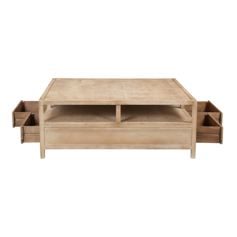 Table basse Hika 45 po, 4 tiroirs de rangement et tablette ouverte, bois de manguier brun clair