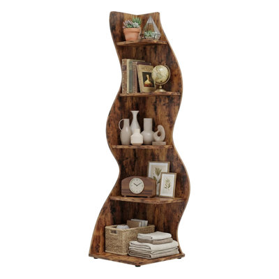  70 Inch Corner Bookshelf, Modern 5-Tier Small Bookshelf with Unique Curved Design, Freestanding Vertical Storage Shelf for Living Room, Bedroom or Home Office (Sage Green)