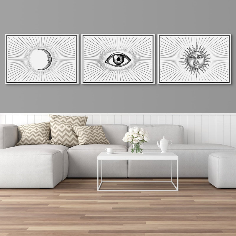 "Soleil, lune et œil avec lignes lumineuses" 3 pièces, Cadre blanc, H 24 po x l 36 po