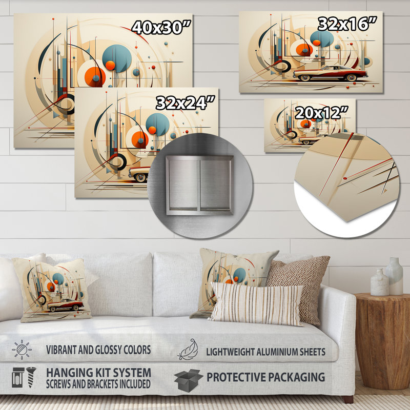 «Mid Century Red Car Geometrics - Car Vintage», art mural, Métal métal, H 34 po x l 44 po x P 1,5 po