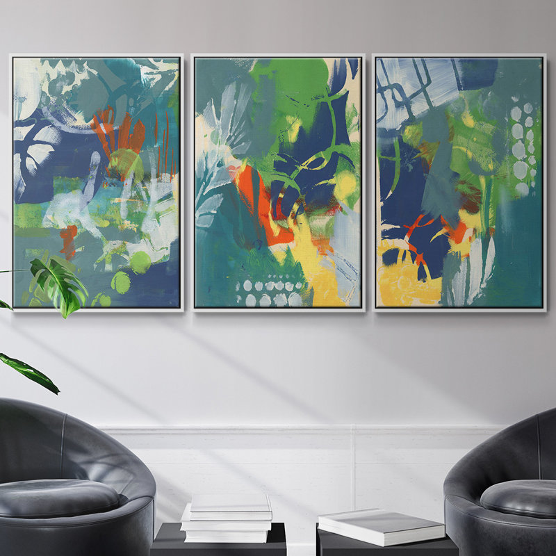 Ensemble de 3 graphiques tropicaux encadrés sur toile I, Blanc, H 36 po x l 72 po