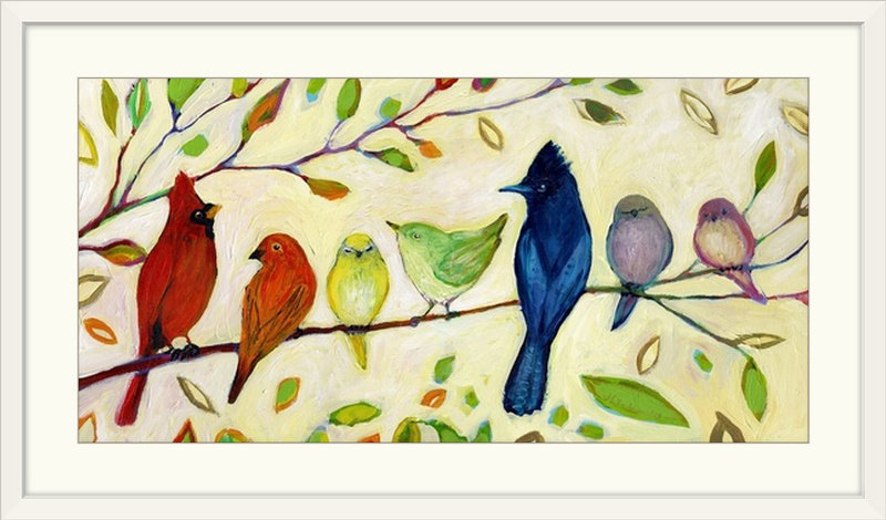 Nolani «A Flock of Many Colors» - reproduction d'art, H 32 po x l 56 po x P 1 po, Cadre blanc