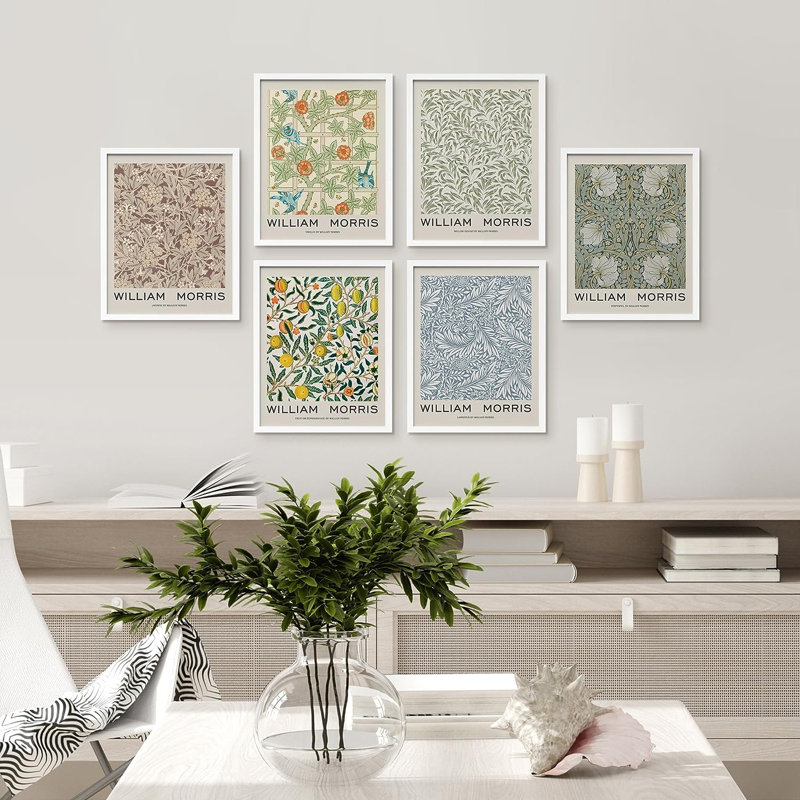Fleurs abstraites abstraites encadrées sur papier, 6 pièces par William Morris, H 14 po x l 11 po x P 1 po, Blanc