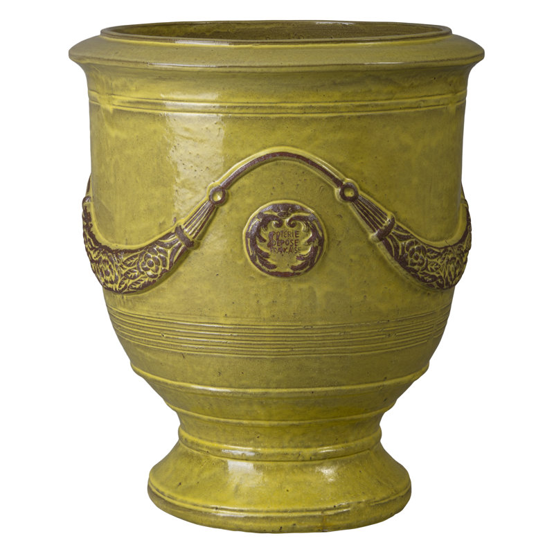 Anduze French Yellow Ceramic Round Planter with Drainage Hole, 31" H x 27" W x 27" D