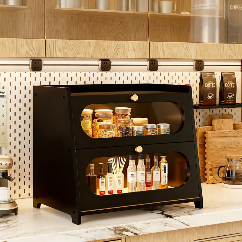 Grande boîte à pain en bambou pour comptoir de cuisine, contenant de rangement de ferme avec fenêtre, 2 couches (noir), Noir