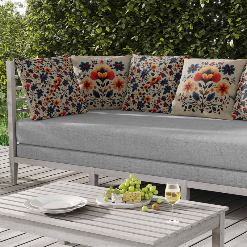 Oreiller intérieur / extérieur Rajasthan Bloom, Bleu / beige / orange, Carré 26 po