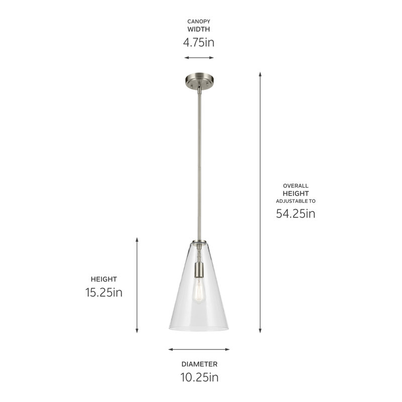 Luminaire suspendu conique 1 lumière 15,25 po avec verre transparent, Nickel