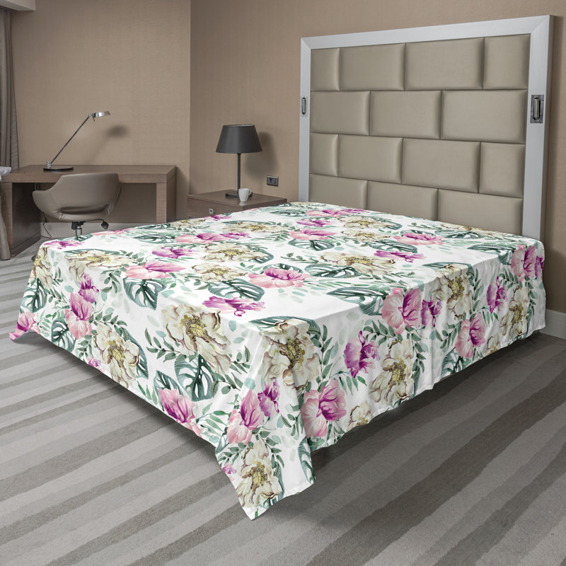 Drap Ambesonne Tropical Pivoine Monstera, Drap plat très grand californien