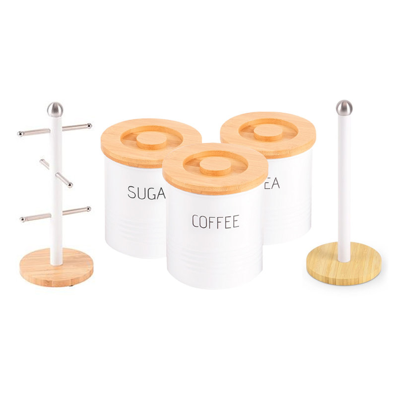 ROYALFORD 5-Piece Kitchen Countertop Storage Set | Tea, Sugar, Coffee Canisters, Freestanding Kitchen Paper Roll Holder & Display Mug Holder Matching Set
