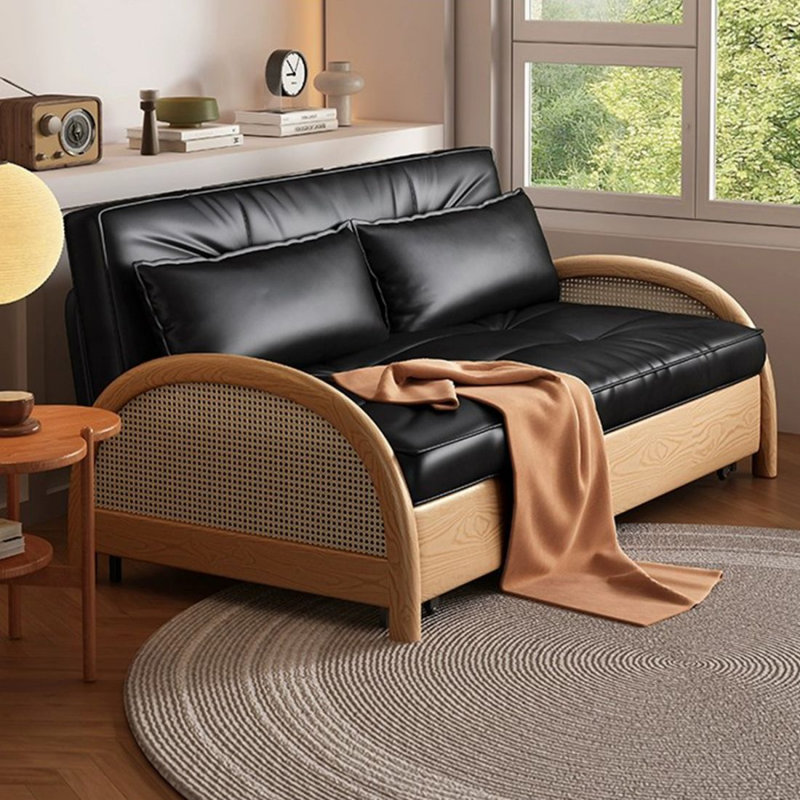 Coussin convertible 59,06 po en cuir véritable noir, 33.07"H x 59.06"L x 31.50"W