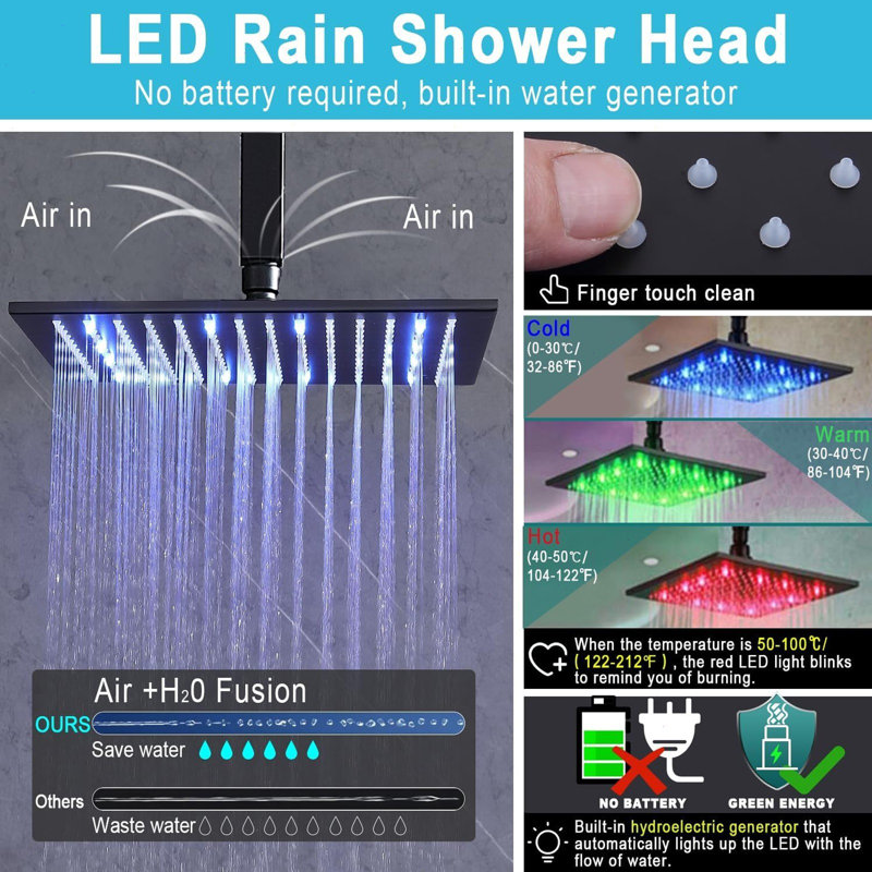Thermostatic Shower Faucet System, Ceiling Mount High-Pressure Rainfall Dual Shower Head with Rough-In Valve