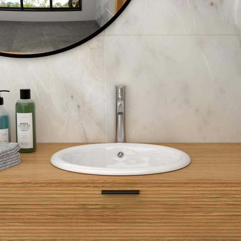 Lavabo de comptoir de salle de bain semi-encastré en céramique blanc de 17 po x 15,5 po, texture de surface lisse, propriété d'absorption d'eau faible, construction du vaisseau sans effort, finition de teinture, rapide