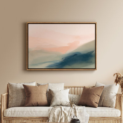 Framed Canvas Wall Art - Minimal Abstract Landscape with Soft Blush and Blue Horizon - 16"x24", 24"x36"